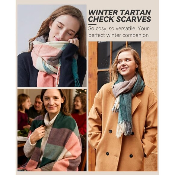 Women Pink Green Winter Warm Shawl Wraps Tartan Blanket Oversized Scarves - Picture 3 of 6